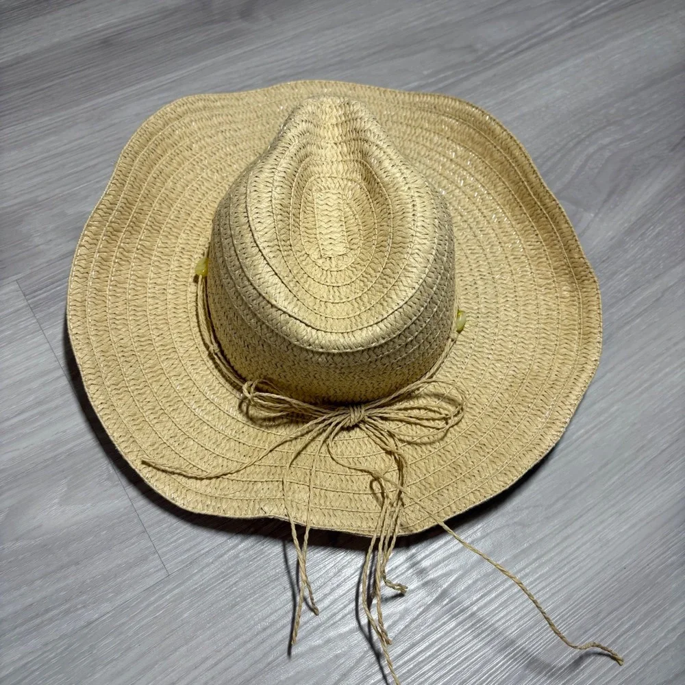 White Mountain Hat Womens Tan Straw Cowboy Hat Beaded Western Sun Hat OS